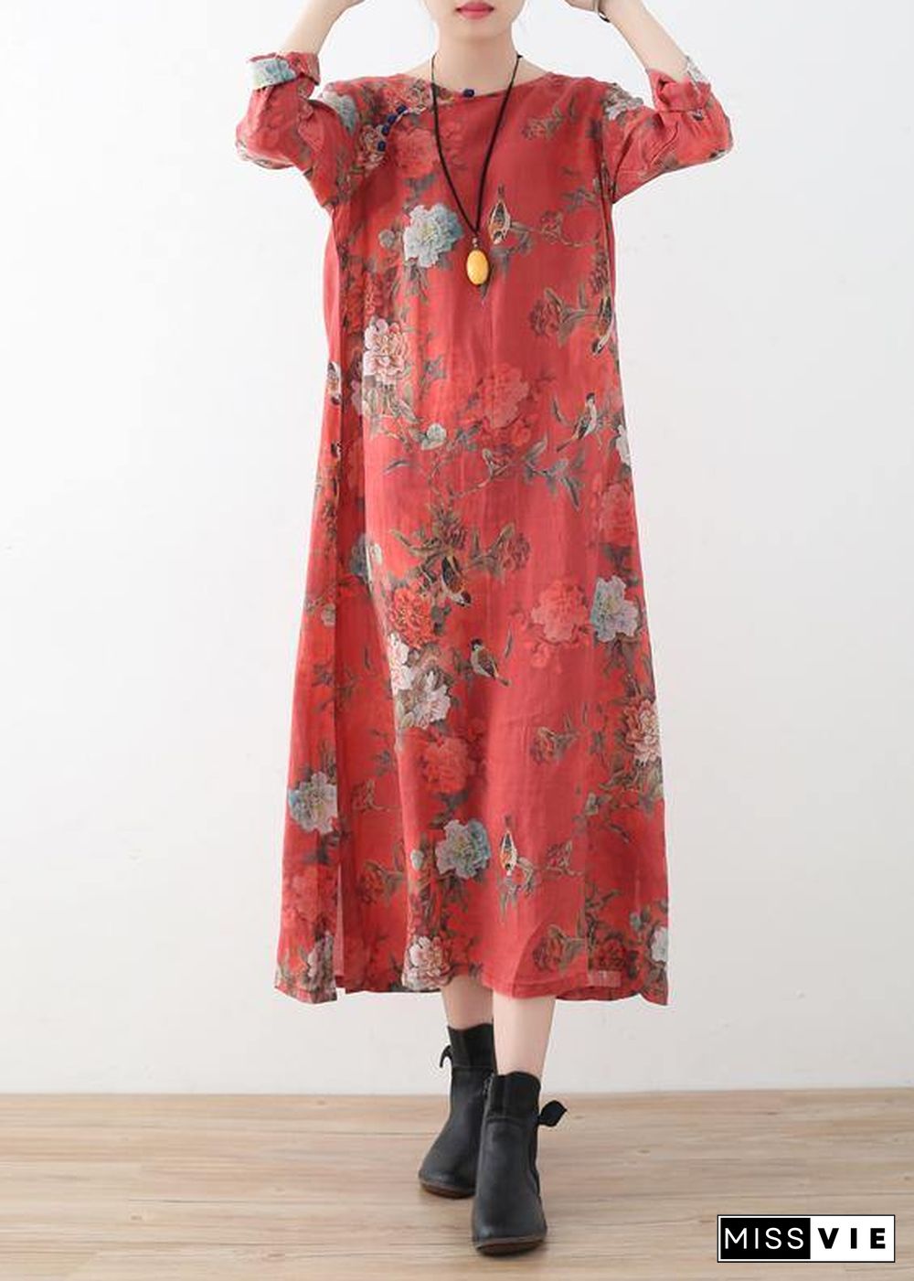 Women red linen outfit Fine Runway side open Maxi prints Dress