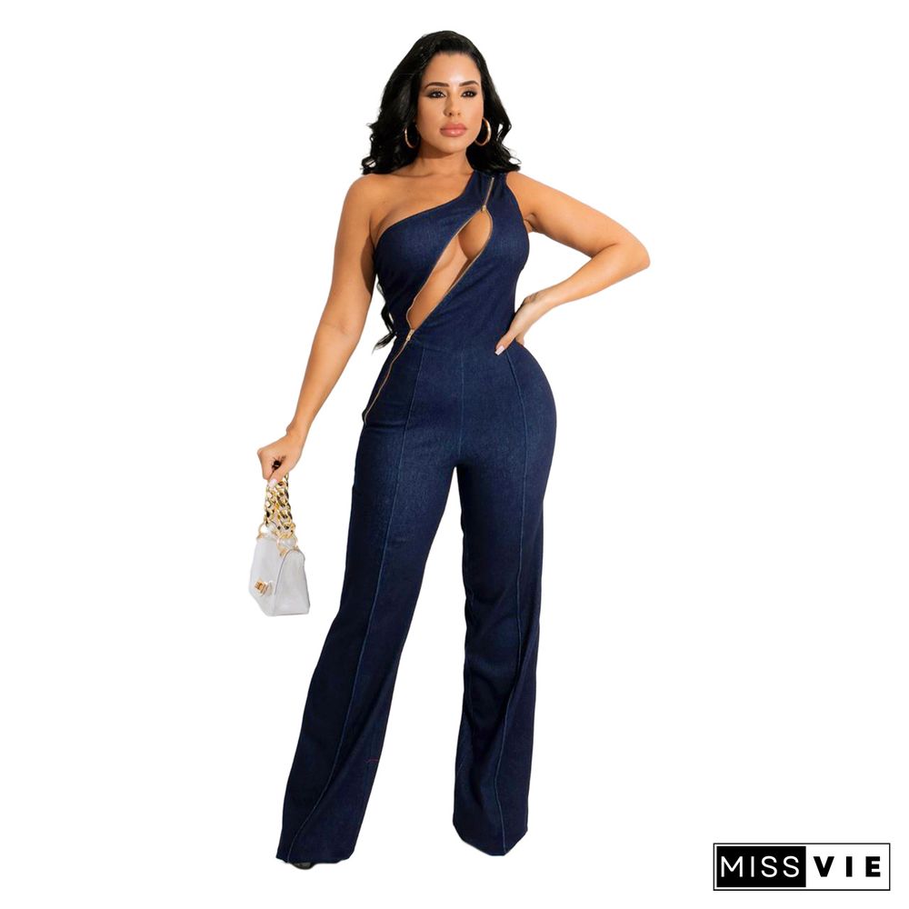 Zipper Stitching One Shoulder Wide Leg Jumpsuit