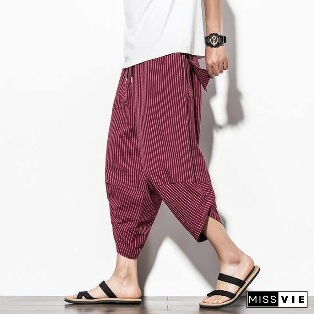 Baggy Cotton Harem Pants Men Summer Japanese Vintage Striped Men Women Hip Hop Plus Size Wide Leg Pants Pantalon