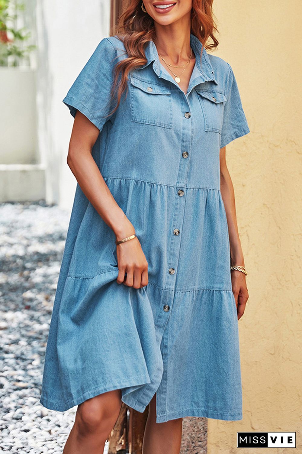 Blue Washed Denim Open Button Tiered Dress