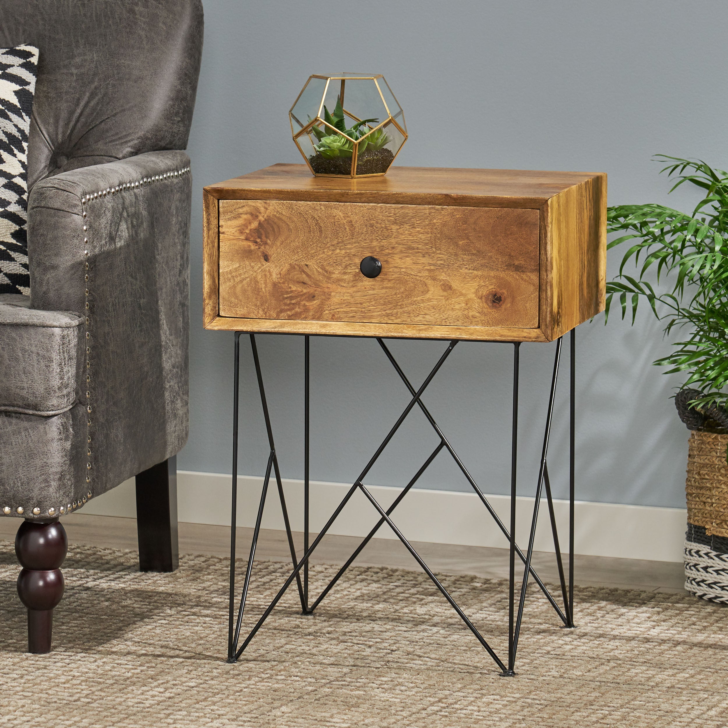 Arcanum Modern Industrial Handcrafted Mango Wood Side Table, Natural and Black