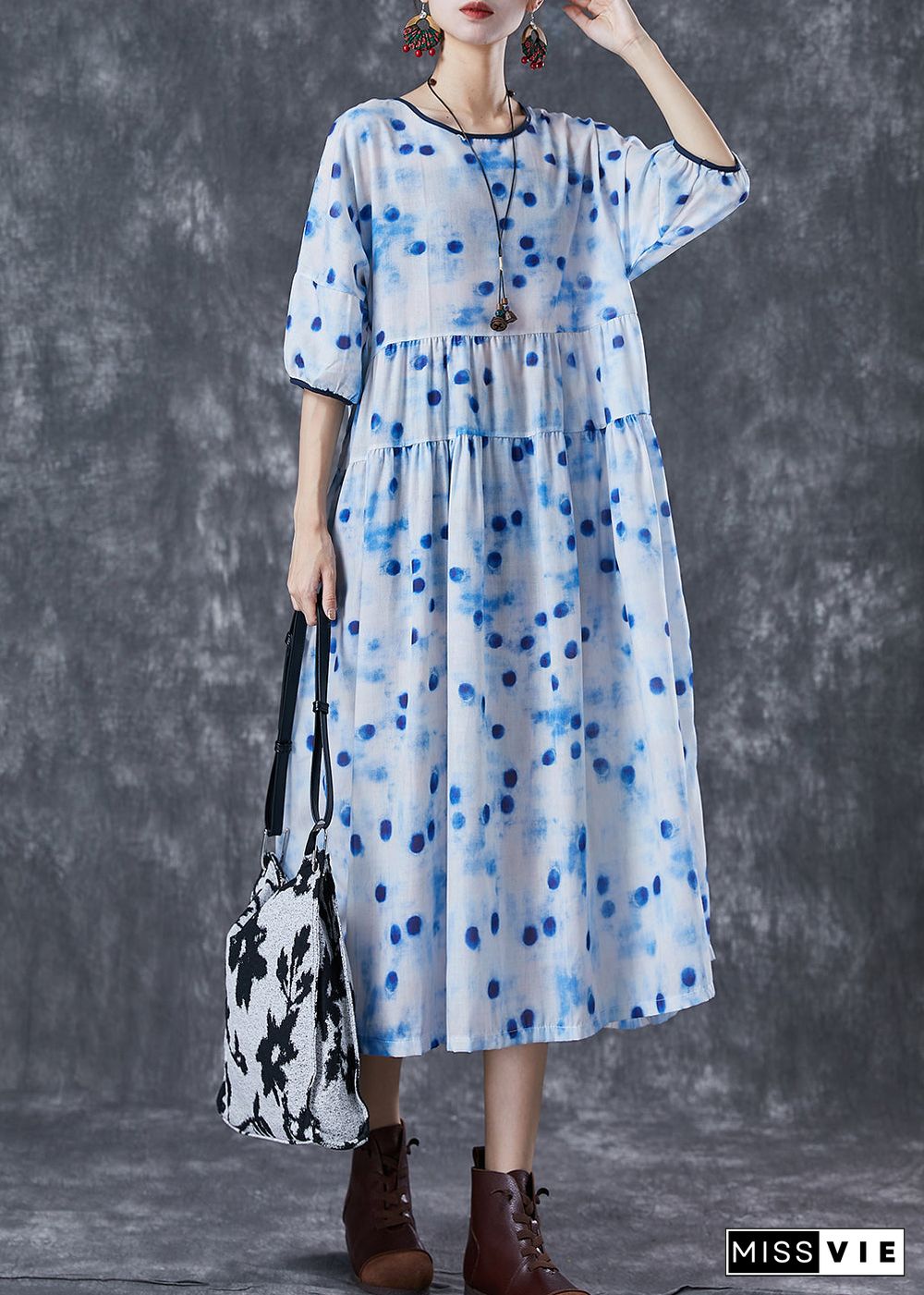 Elegant Blue Dot Oversized Patchwork Linen Maxi Dresses Summer