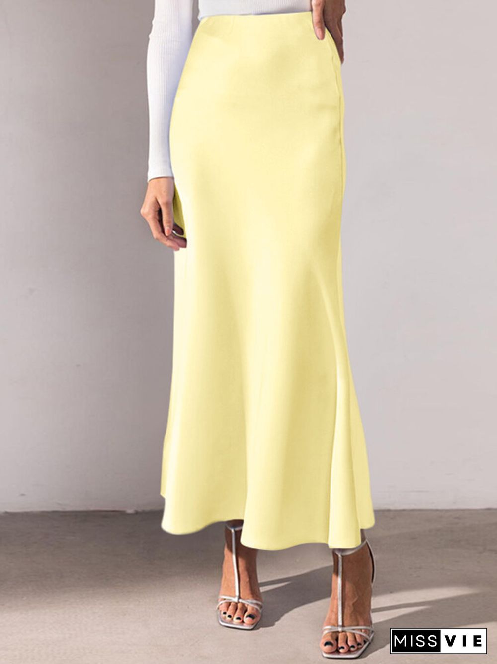 Solid Color Ruched Ankle Length High Waist Skirt