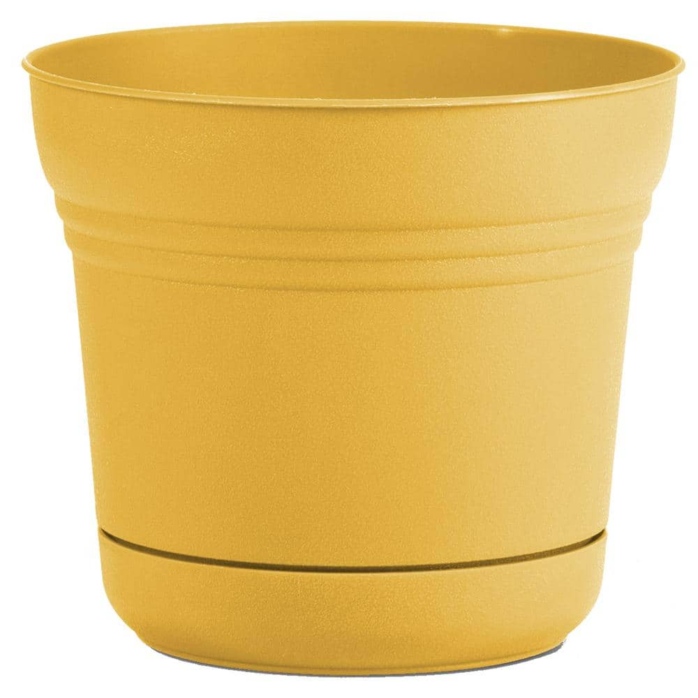 Bloem Saturn 14 in. Earthy Yellow Plastic Planter with Saucer SP1423