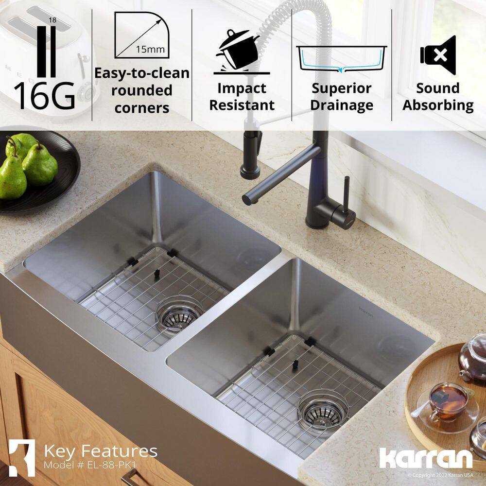 Karran 16-Gauge Stainless Steel 36 in. Double Bowl Farmhouse Apron Kitchen Sink with Grid and Basket Strainer EL-88-PK1