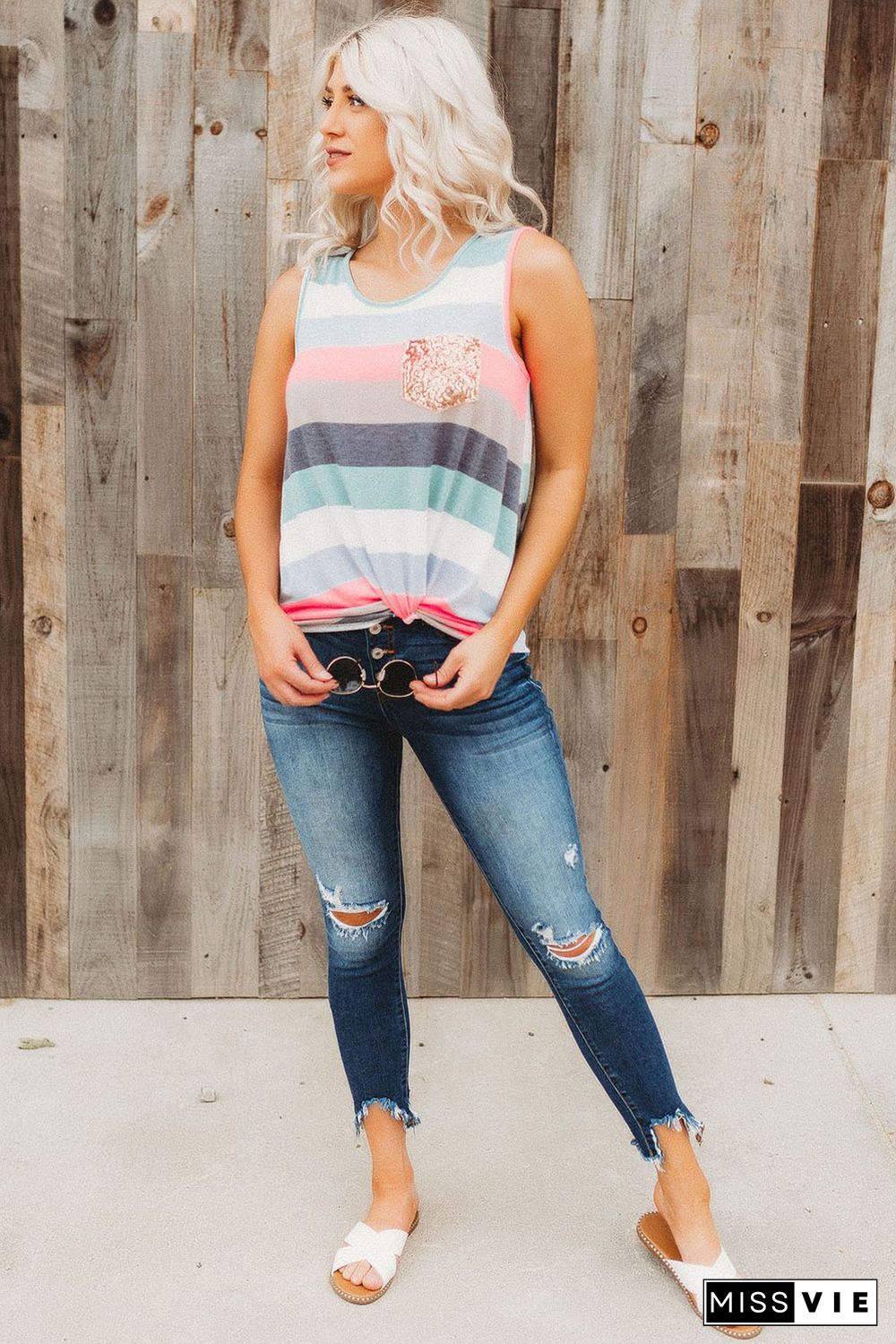 Multicolor Sequin Pocket Patchwork Striped Tank Top