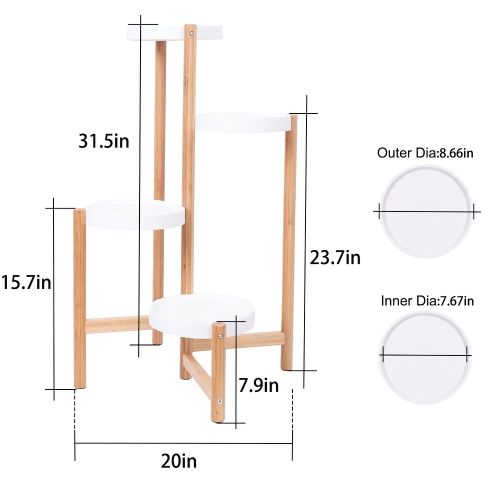 4 Tier Bamboo Plant Stand Flower Succulents Potted with Round White Shelf