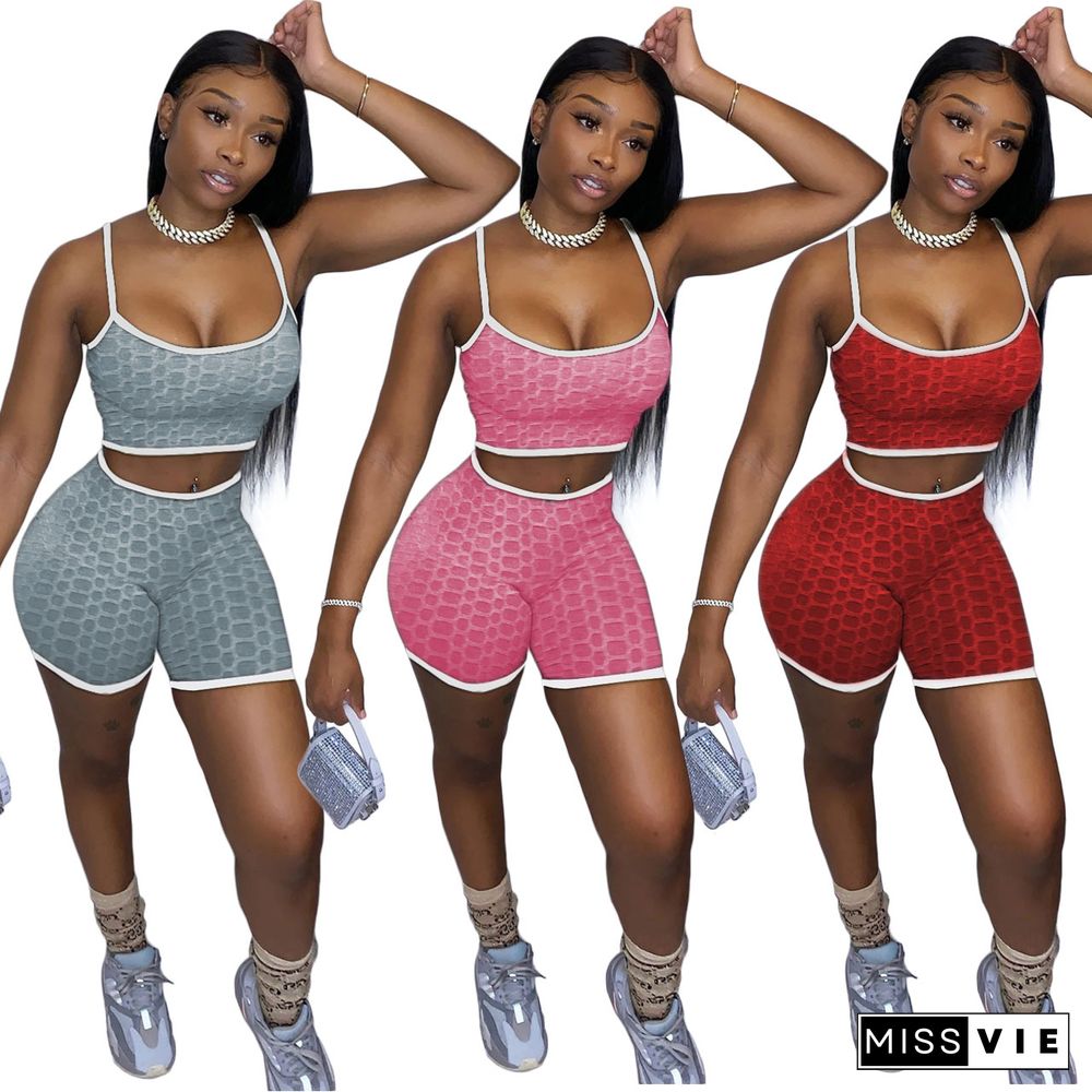 Solid Color Pineapple Cloth Spaghetti Straps Crop Top Biker Shorts Women Fitness Running 2 Piece Sets