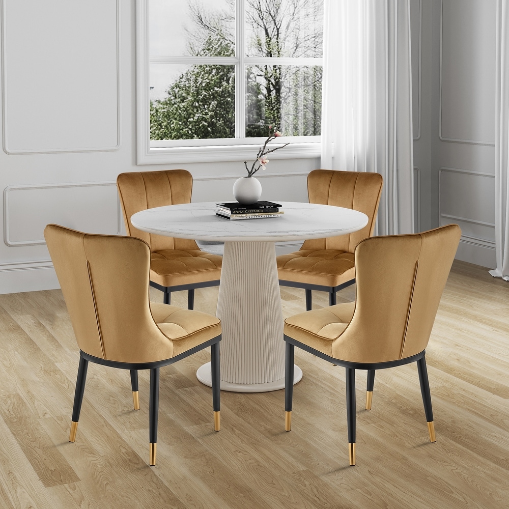 Velvet Upholstered Dining Chairs with Checked Pattern   Metal Legs