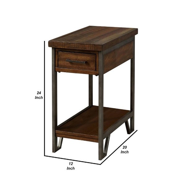 Rectangular Wood and Metal Side Table with USB Outlet， Brown and Gray