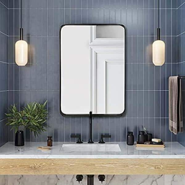 24 in. W x 32 in. H Matte Black Metal Framed Rounded Corner Rectangular Wall Mirror Z-XINGBIAN