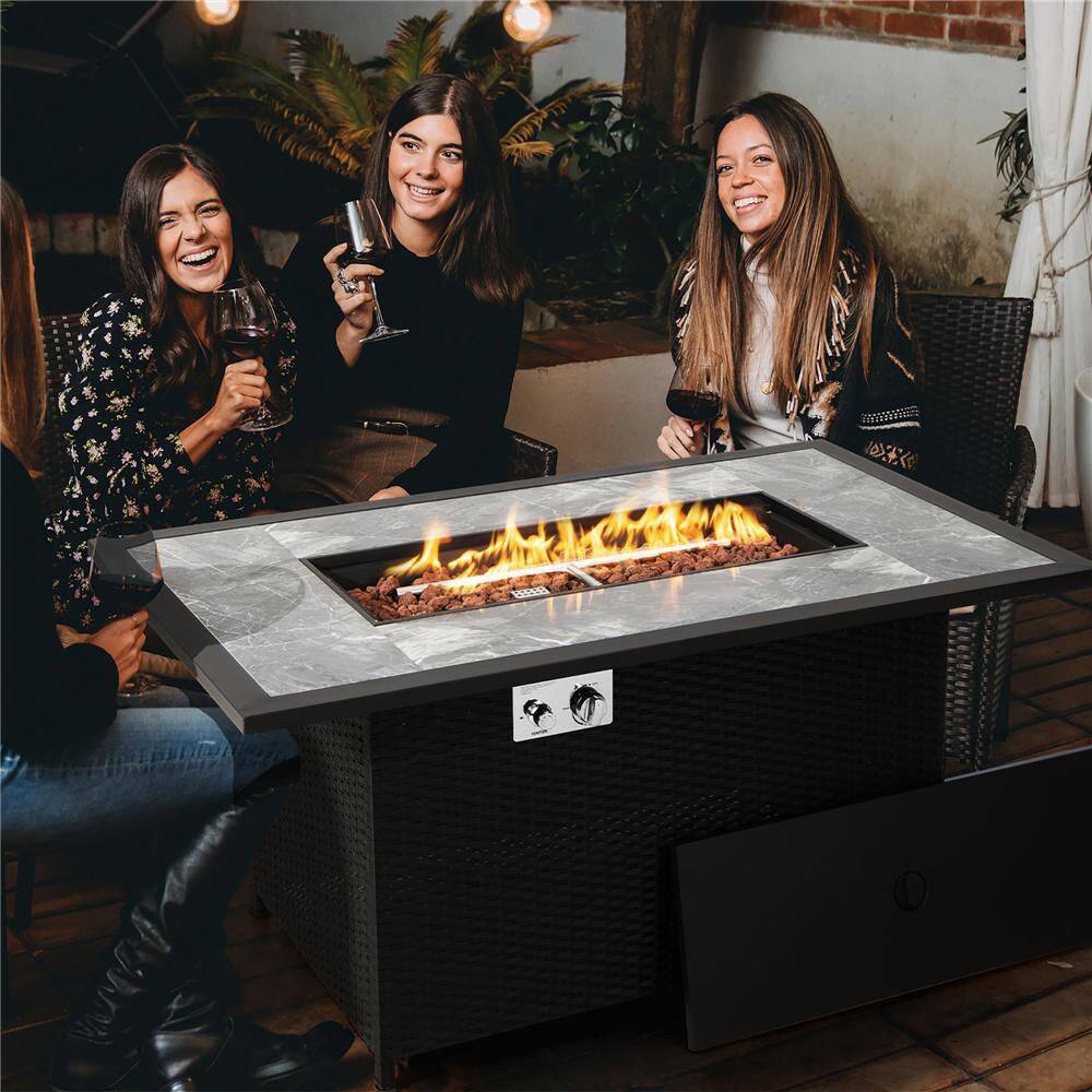 Costway 52 in. Propane Fire Pit Table Marble Tabletop Rattan Wicker wRain Cover Lava Rock NP10343DK