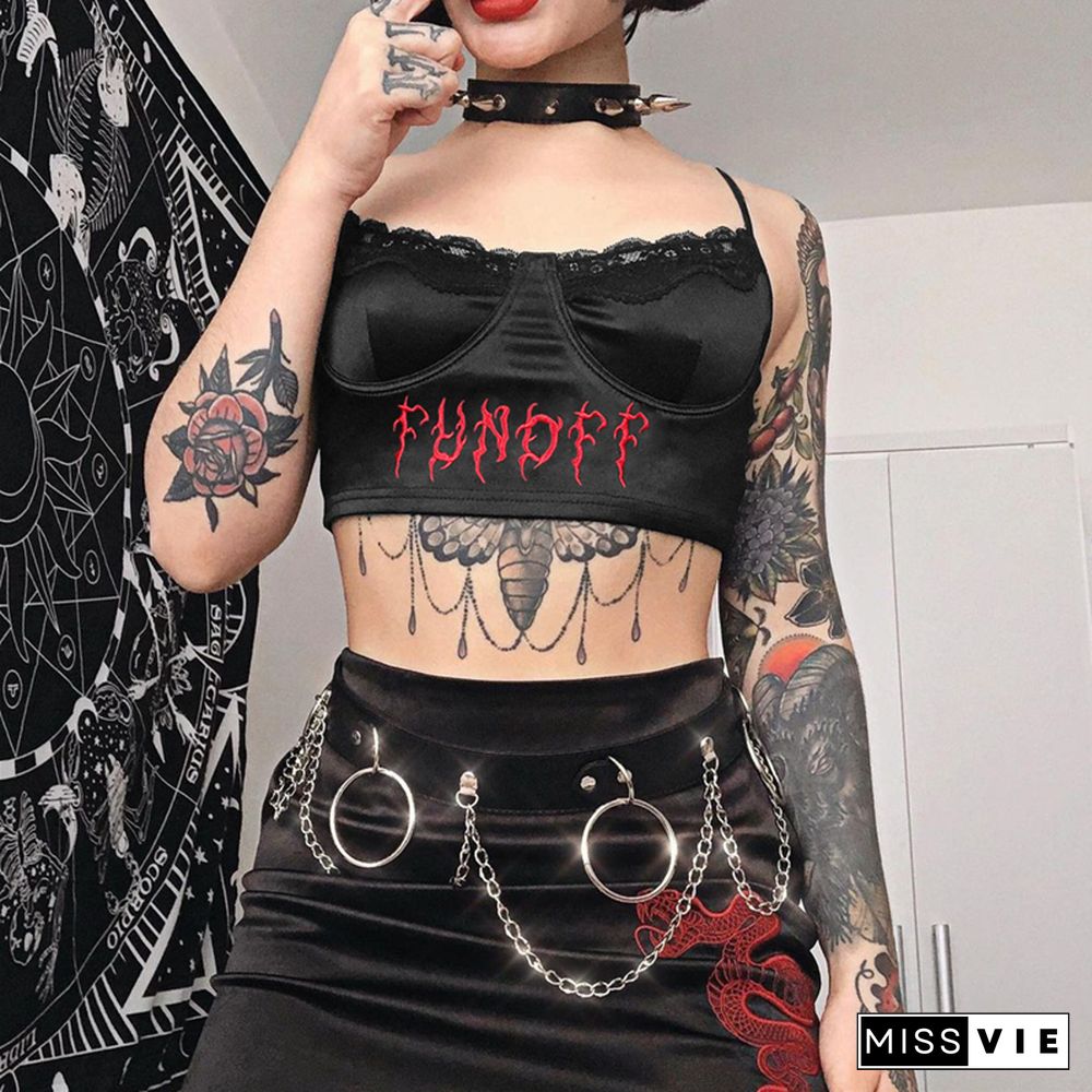 Gothic Punk Black Lace Frill Crop Top Summer Backless Spaghetti Strap Camisole Tee Women Embroidery Letter Vest Harajuku