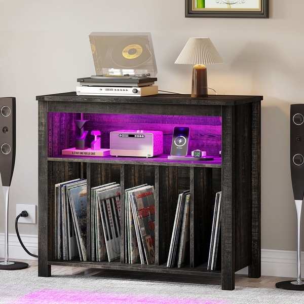 Large Record Player Stand with Power Outlets and LED Lights Turntable Stand