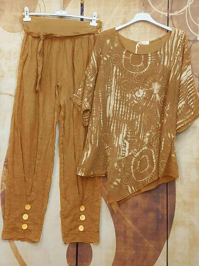 Women's Casual Crew Neck Print Top Trousers Two Piece Set