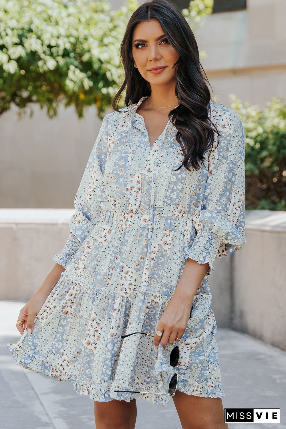 Sky Blue Floral Split V Neck Tiered Ruffle Dress