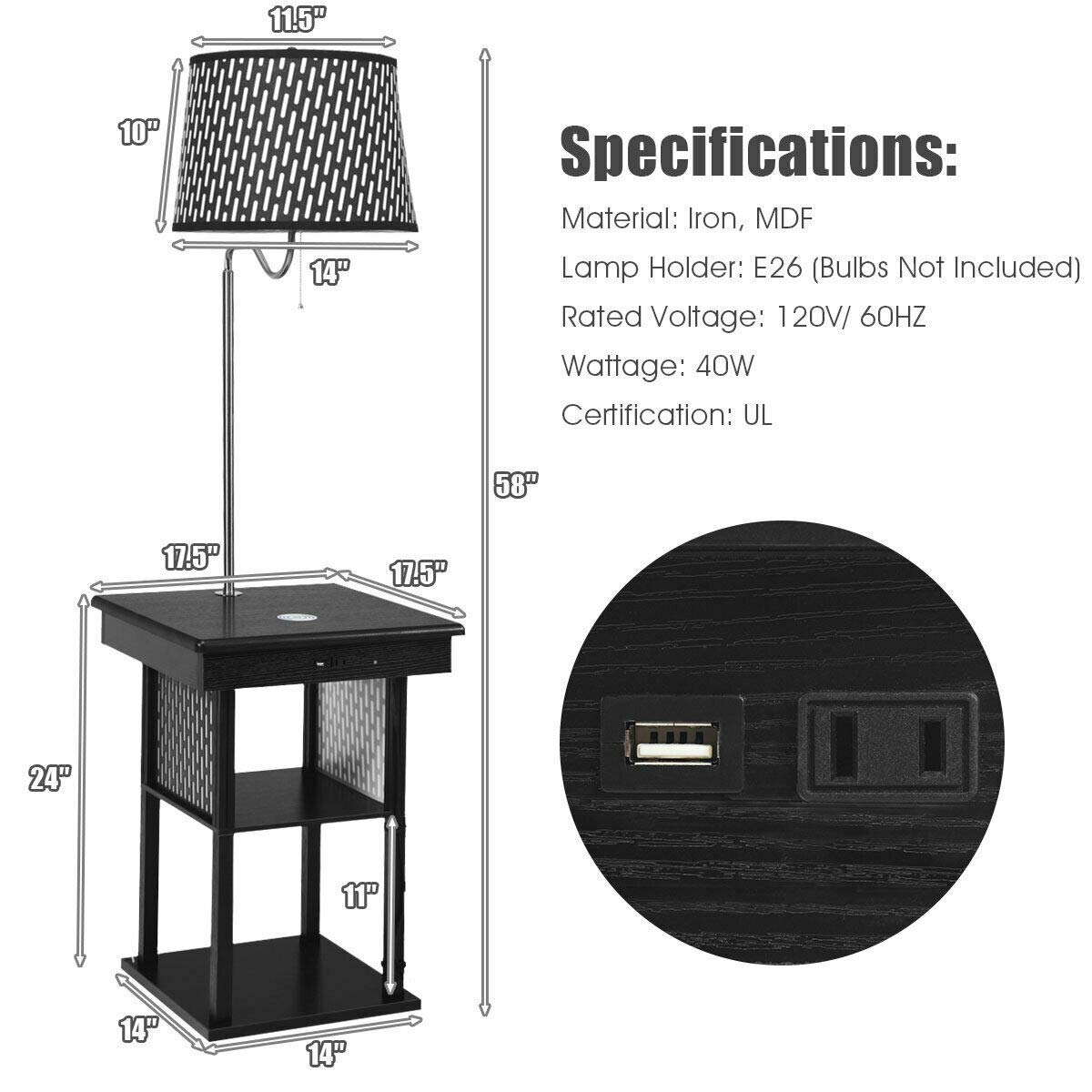 Costzon Floor Lamp, Swing Arm Lamp w/Shade Built in End Table Includes 2 USB Ports (White Shade)