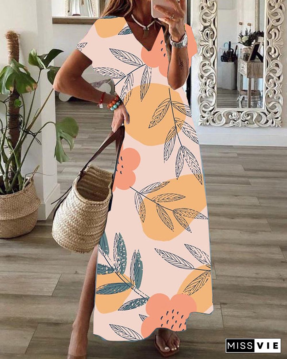 Casual Floral Print V-Neck Short Sleeve Hem Slit Maxi Dress