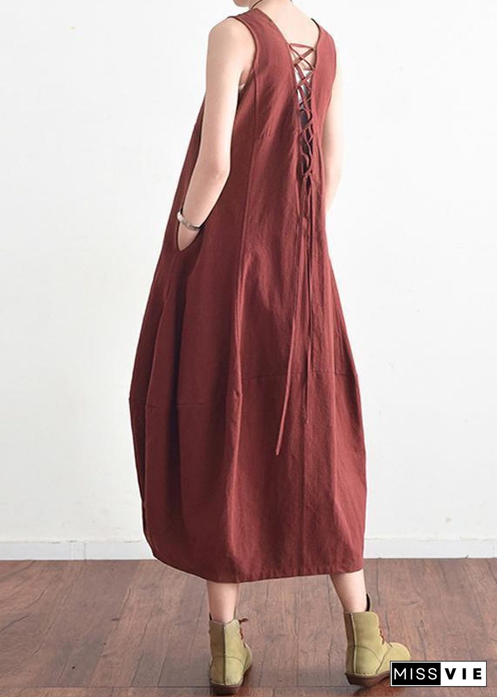 Summer V Neck Cotton Linen Long Dress Solid Baggy Casual Lace Up Backless