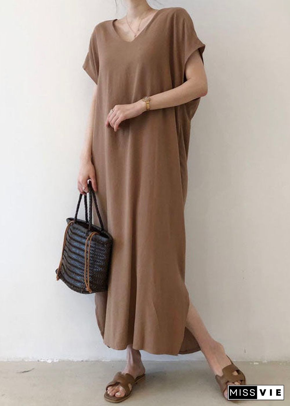 Elegant Chocolate Side Open Cotton Short Sleeve Long Dresses