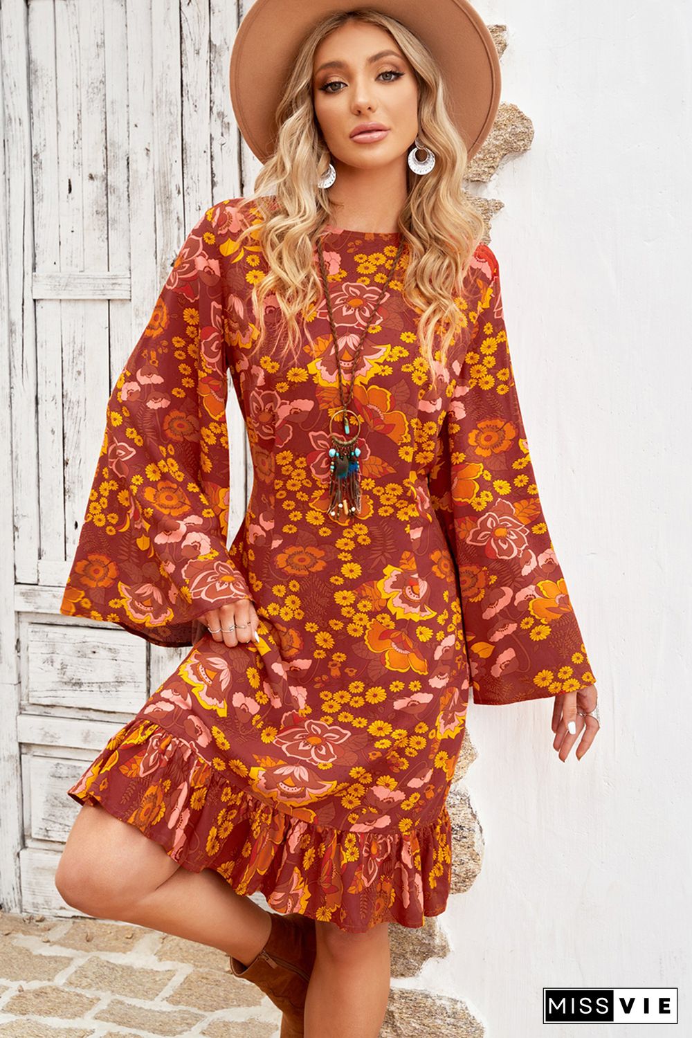 Boho Floral Print Ruffled Long Sleeve Mini Dress