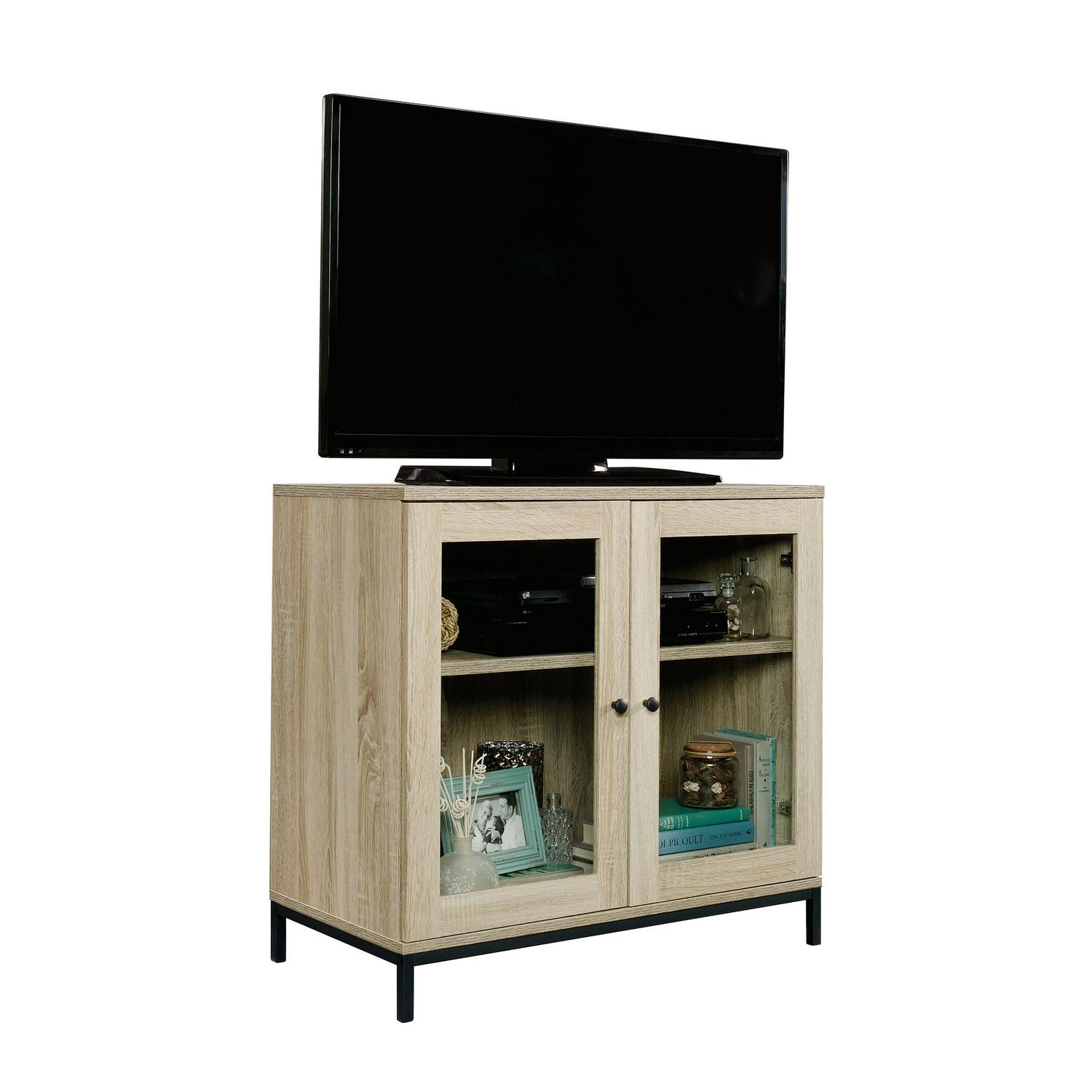 Curiod 2-Door Glass-Fronted Wooden Display Cabinet or TV Stand， Charter Oak Finish