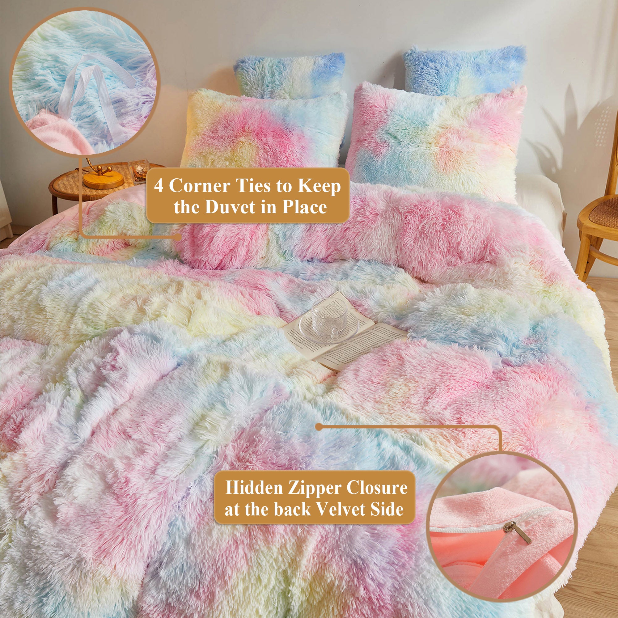 XeGe Tie Dye Plush Shaggy Duvet Cover Set， 3 Pieces Soft Velvet Fluffy Furry Bedding Set Rainbow Print(1 Multicolor Faux Fur Fuzzy Comforter Cover + 2 Pillowcases)， Zipper Closure(King Size， Rainbow)