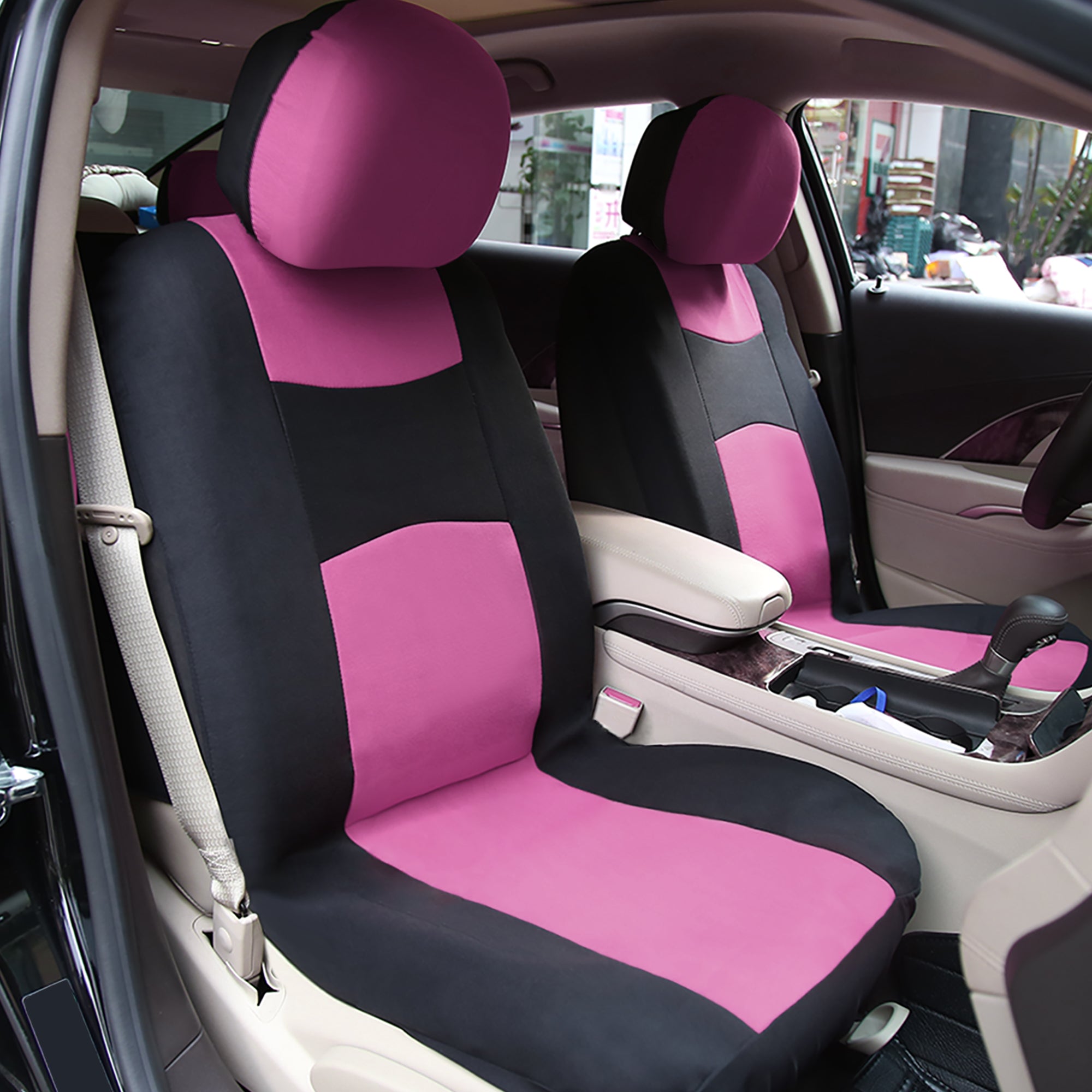 Unique Bargains Universal Black Pink Front Car Seat Cover Kit Flat Cloth Fabric Seat Protector Pad for Car Truck SUV