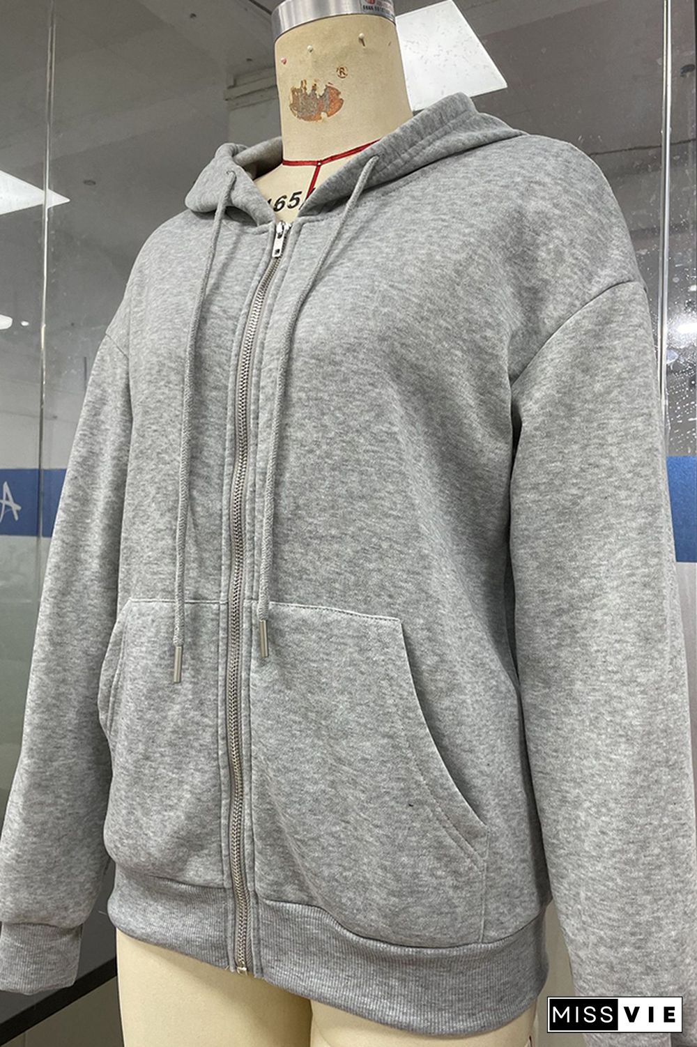 Plain Drawstring Hoodie Zipper Sweatshirt Coat