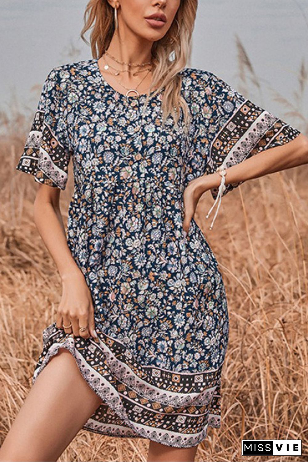 Floral Short Sleeve Mini Dress Wholesale