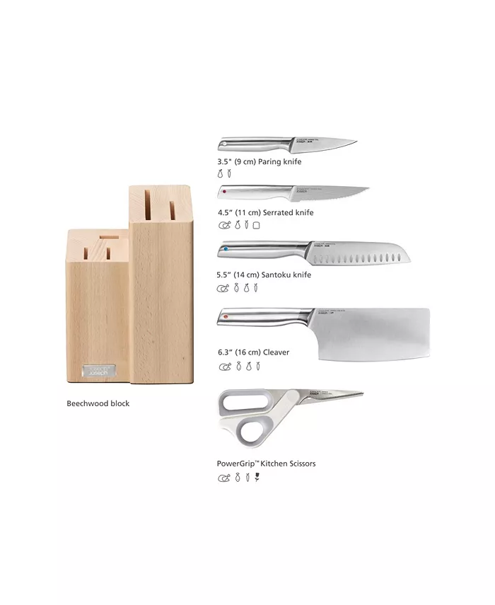 Joseph Joseph Elevate Fusion 5-Piece Knife Cleaver and Scissor Set with Beechwood Block