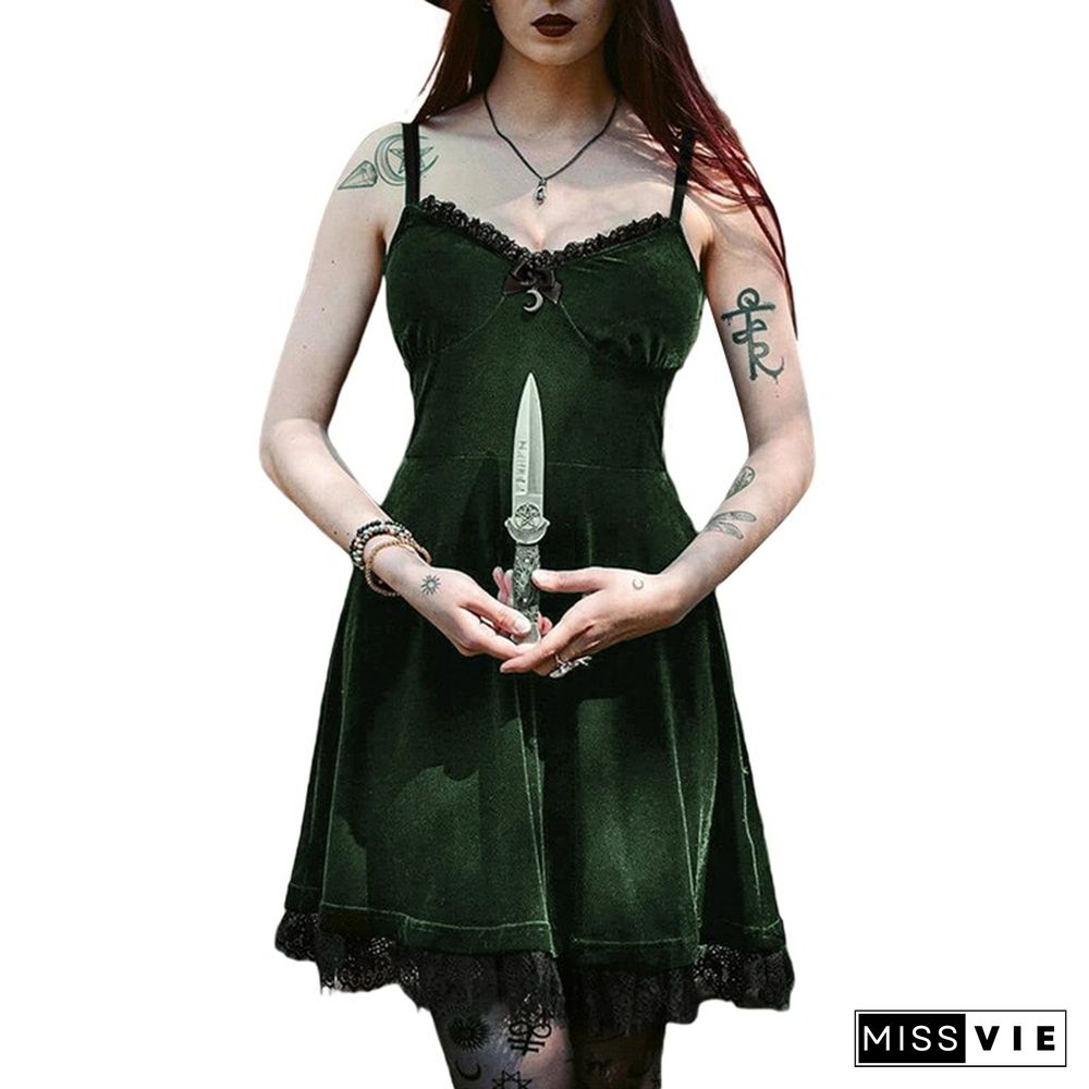 Y2k Goth Dark Academia Dress Women Solid Color V-neck Suspender A-line Lace Trim Party Dress Anime Aesthetic Clothes