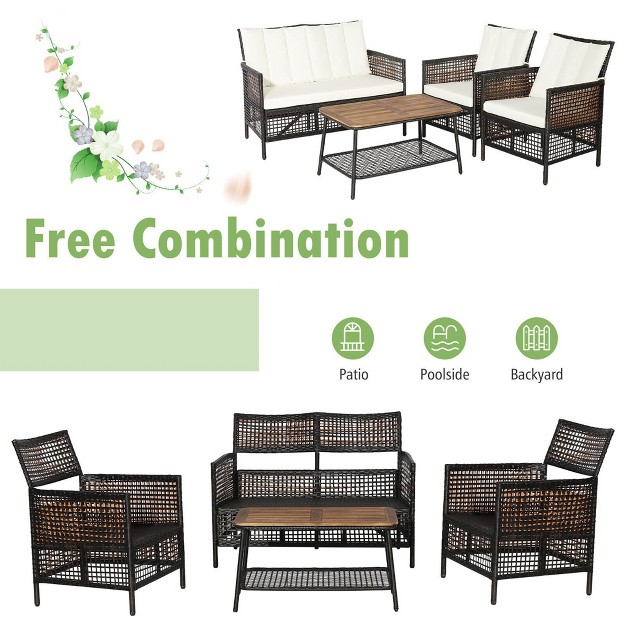 Tangkula 8pcs Cushioned Patio Pe Wicker Conversation Furniture Set W Acacia Wood Tabletop