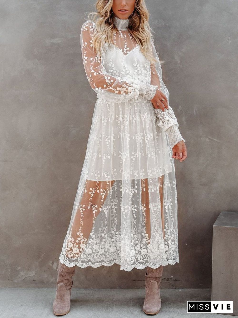 High Collar White Lace Long Dress