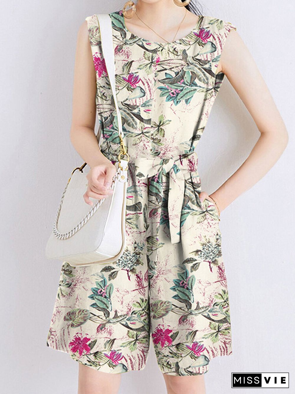 Random Flower Print Pocket Sleeveless Belt Wide Leg Romper