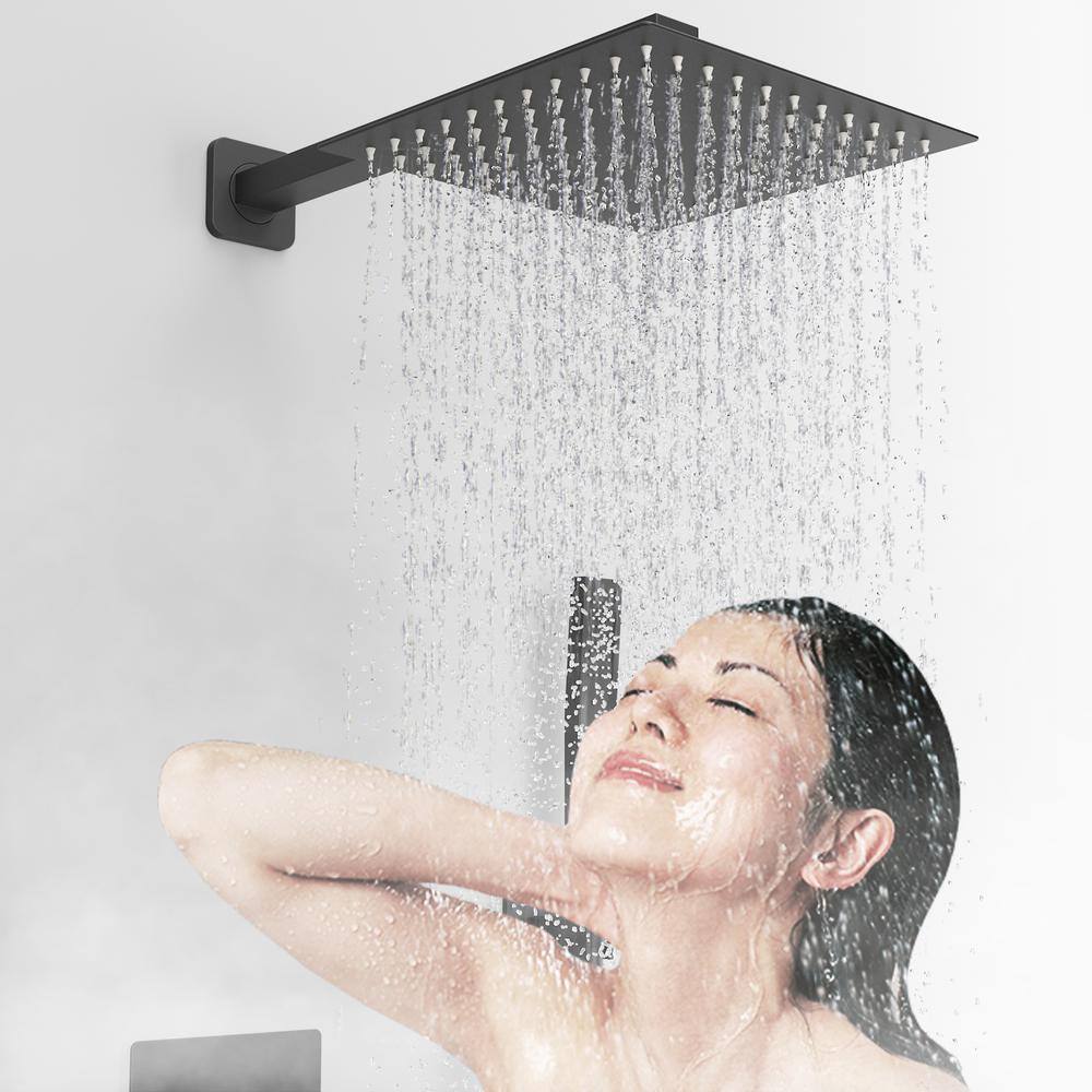 Kingdely 3-Spray Patterns Wall Bar Shower Kit With Hand Shower and 9.8 in. Square Rain Shower Head With Valve in Matte Black LBB-KF020287-01-c