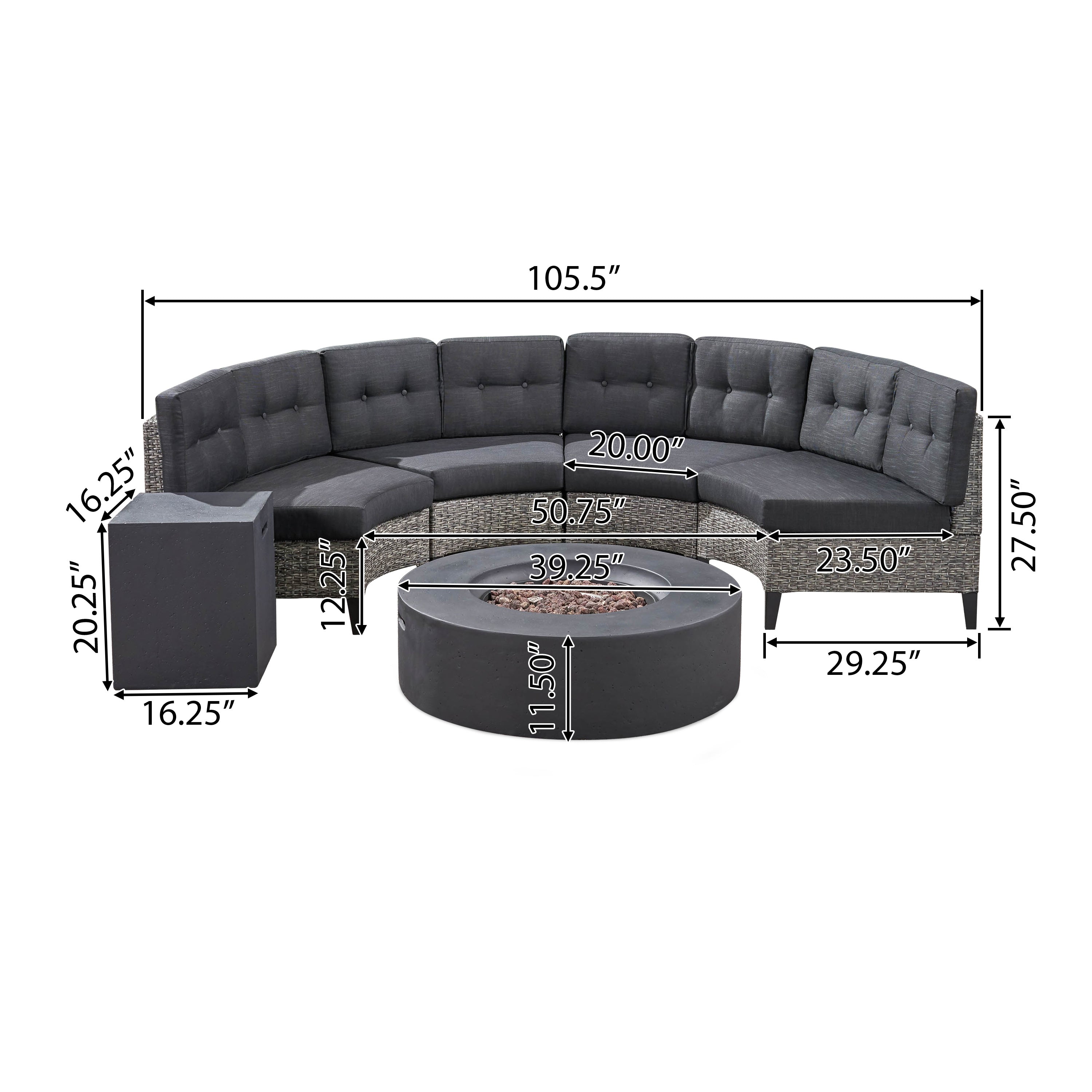 Nessett Outdoor 6 Piece Mixed Black Wicker Half Round Sofa Set with Dark Grey Fire Table