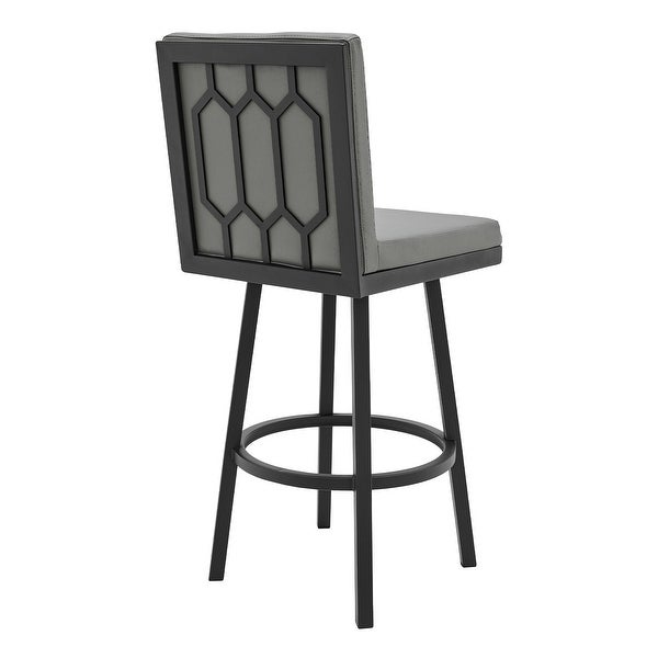 Kim 30 Inch Modern Vegan Leather Bar Stool， Swivel， Metal， Gray， Black