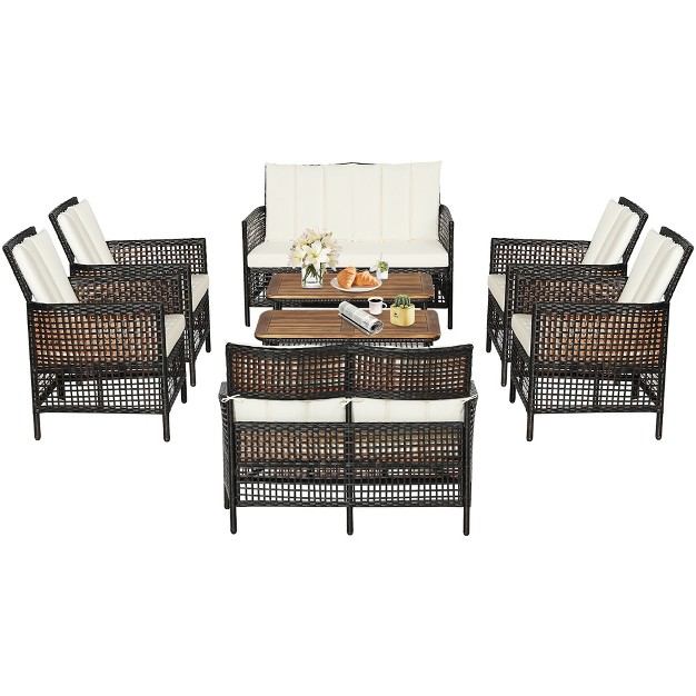 Costway 8pcs Patio Rattan Furniture Set Cushioned Chairs Wood Table Top W shelf