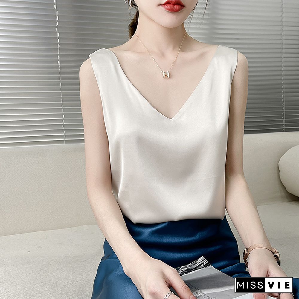 Summer V Neck Suspender Vest Female Ice Satin Silk Camisole Women Outer Wear Sleeveless Top With Small Suit Inner Base Shirt