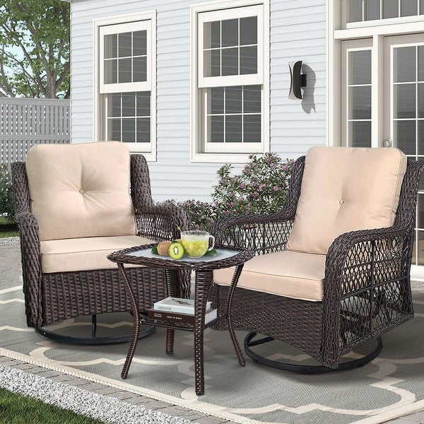 3-Pieces Conversation Set， Outdoor Wicker Rocker Swivel Patio Bistro Set， Rocking Chair with Glass Top Side Table for Garden - Overstock - 38006827