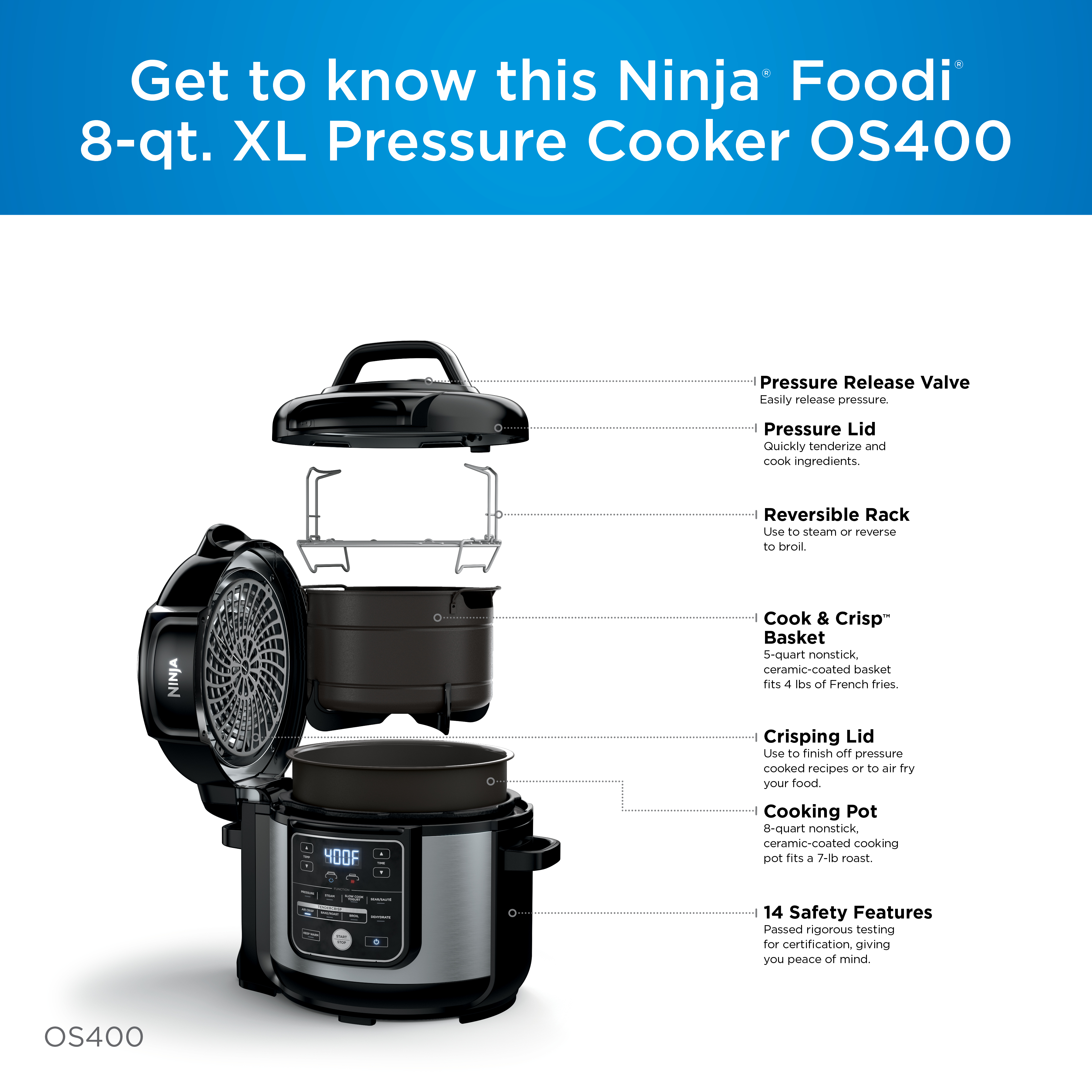 Ninja Foodi 10-in-1 8-quart XL Pressure Cooker Air Fryer Multicooker， Stainless， OS400