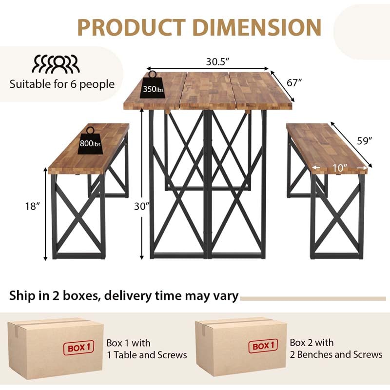 3 Pcs Acacia Wood Outdoor Picnic Table Bench Set with 2