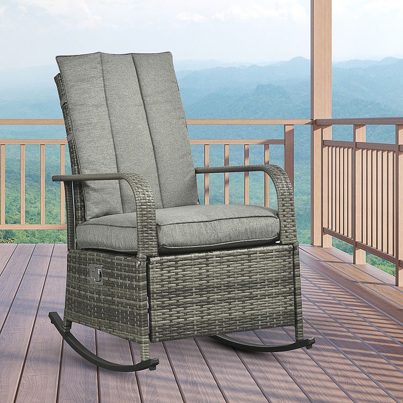 Outsunny Outdoor Rattan Wicker Rocking Chair Patio Recliner with Soft Cushion Adjustable Footrest Max. 135 Degree Backrest Cream