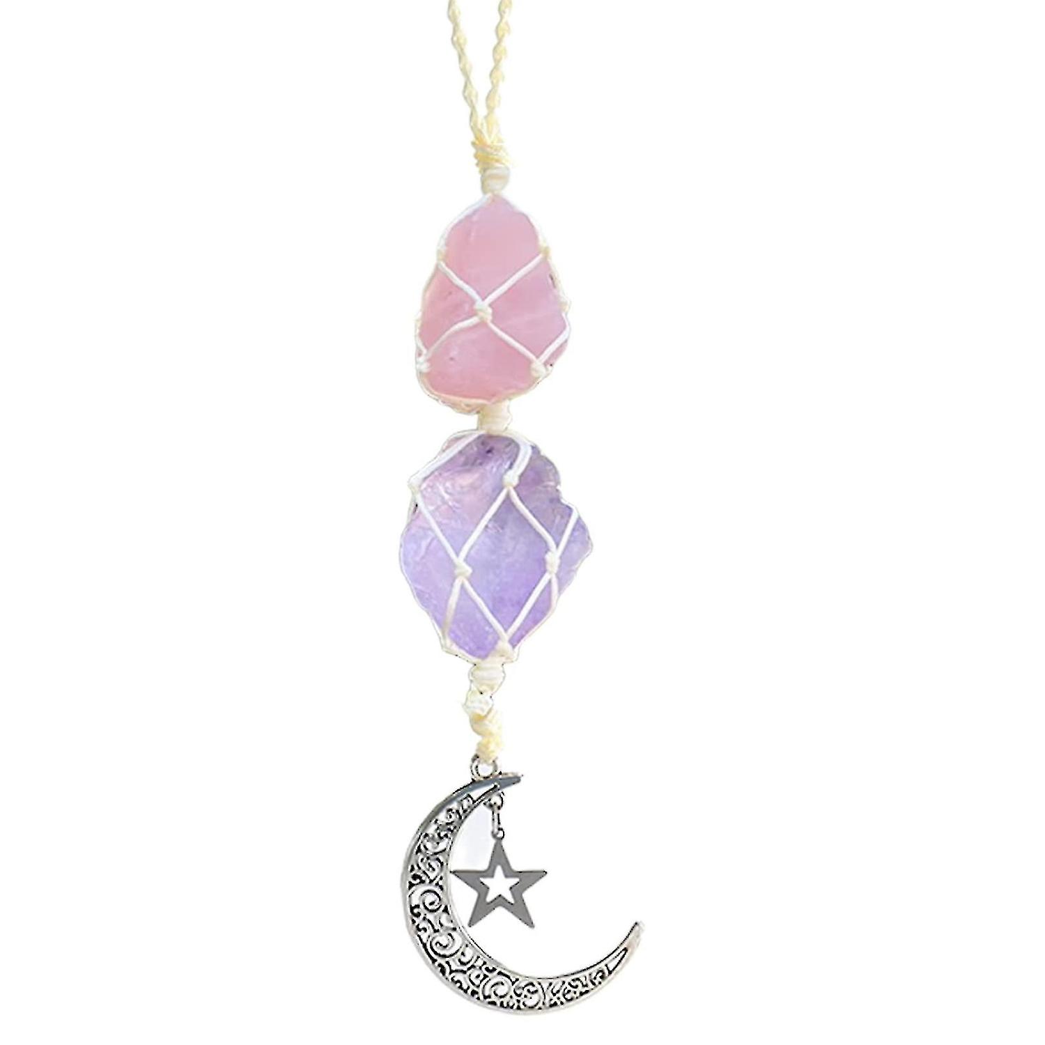 Crystal Car Hanging Ornament， Hanging Car Charm - Rose Quartz， Amethyst - Dangling Moon， Healing Cry