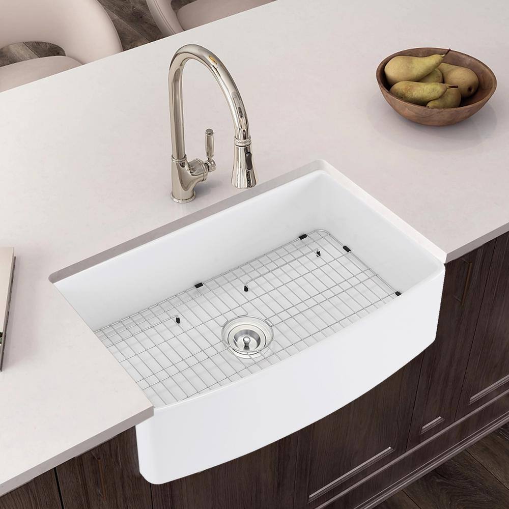 Maincraft White Fireclay 33 in. Single Bowl Farmhouse Apron Kitchen Sink with Bottom Grid HK12-2567052