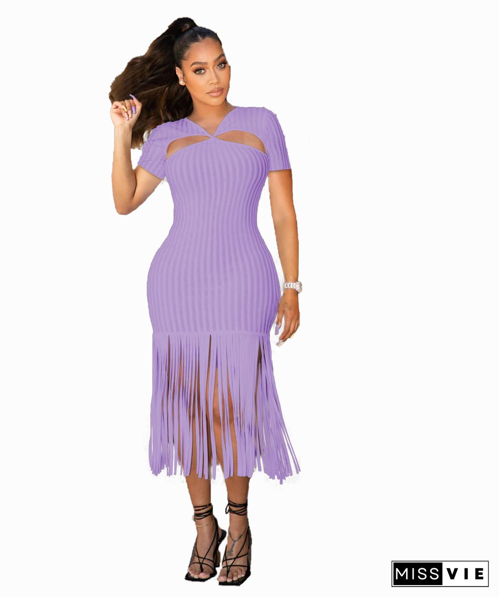 Short Sleeve Cut Out Backless Tassels Party Dresses