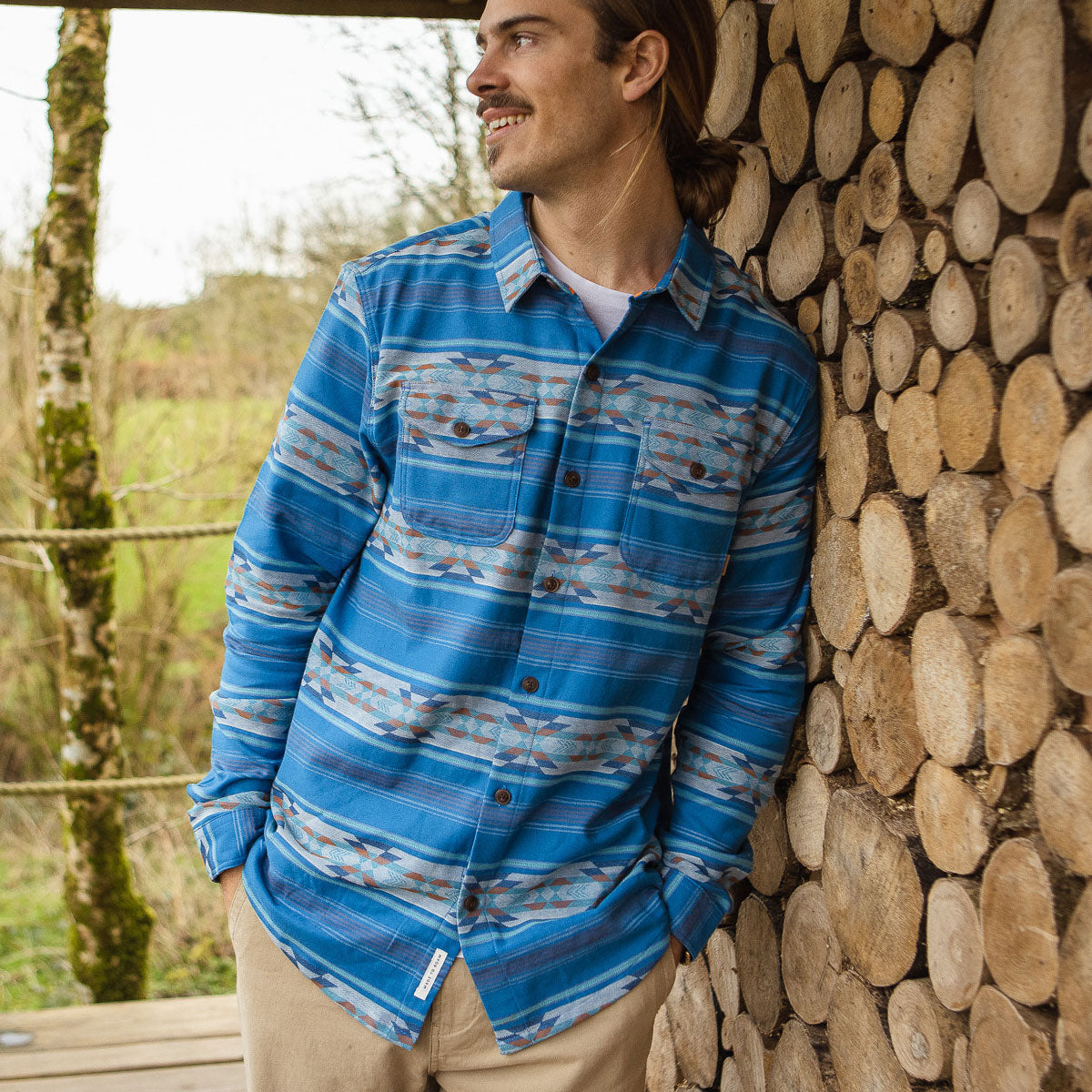 Cabin Jacquard Organic Cotton Shirt - Soft Cobalt Pattern