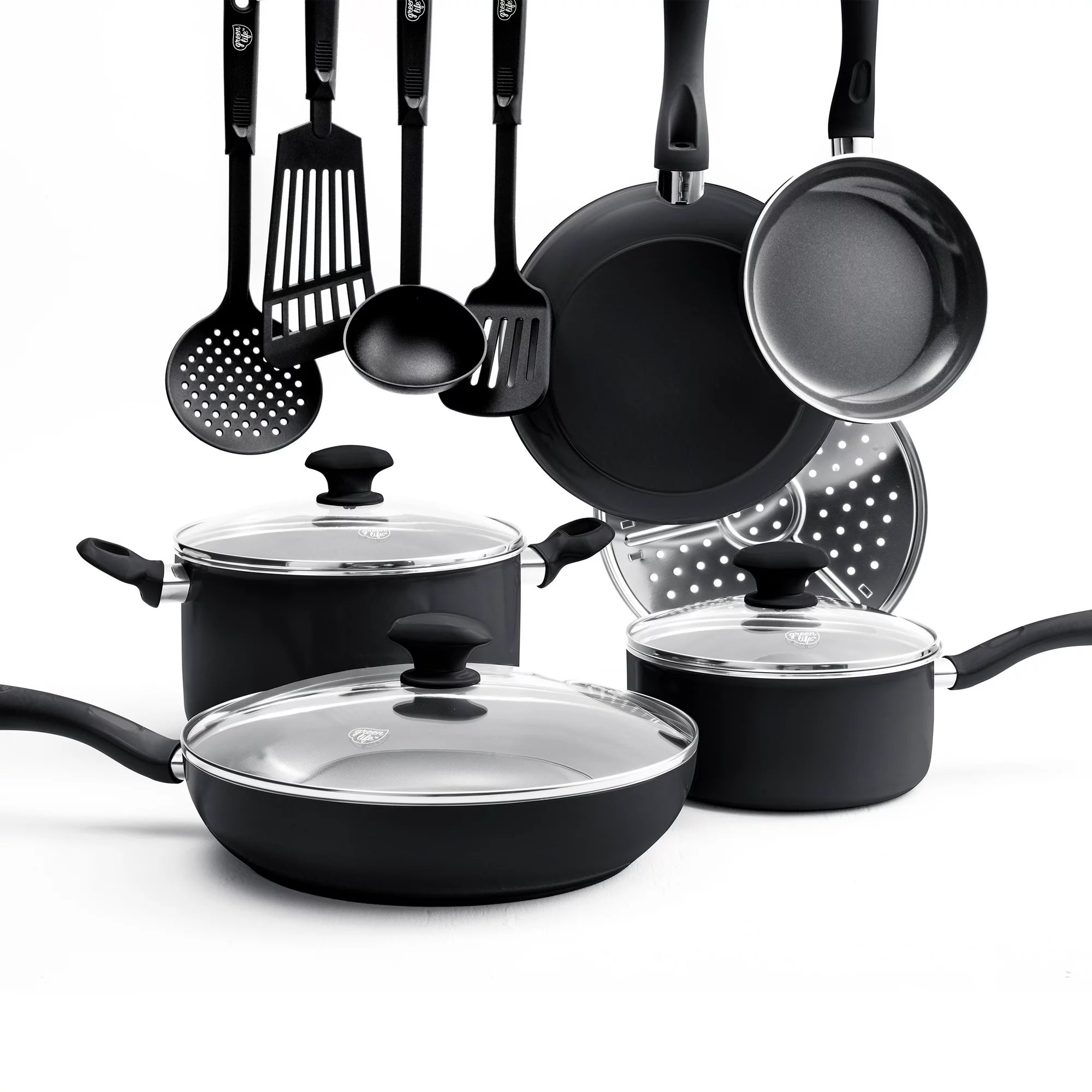 Greenlife Diamond Ceramic Non-stick 13 Piece Cookware Set， Black