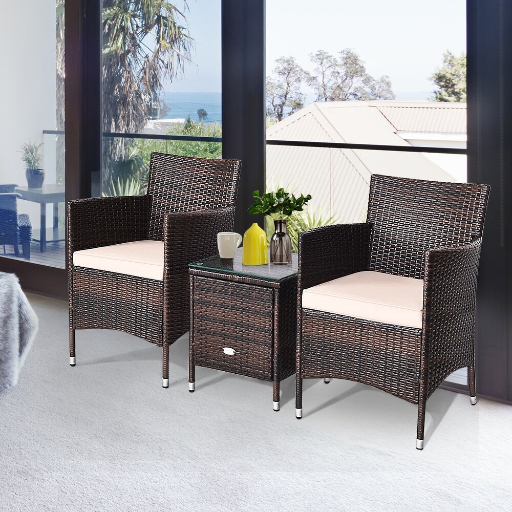 Gymax 3PCS Patio Rattan Chair   Table Furniture Set Outdoor w/ Beige   See Details